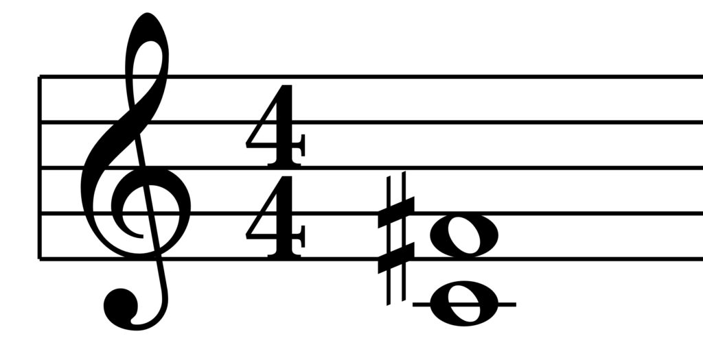 A tritone starting on C, expressed in sheet music