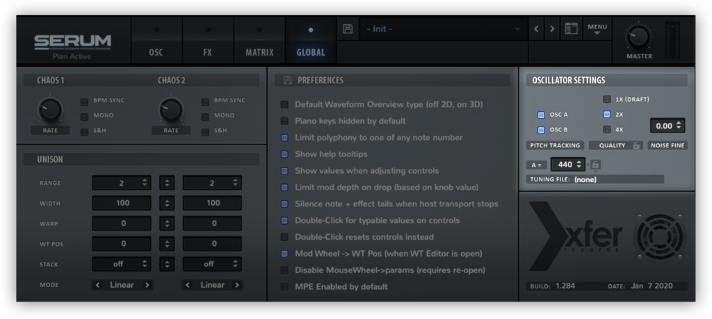Serum's settings that allow the user to manually set their tuning to 432 Hz