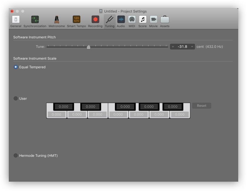 Logic Pro X's Software Instrument Pitch parameter allowing users to set their project to be tuned to 432 Hz