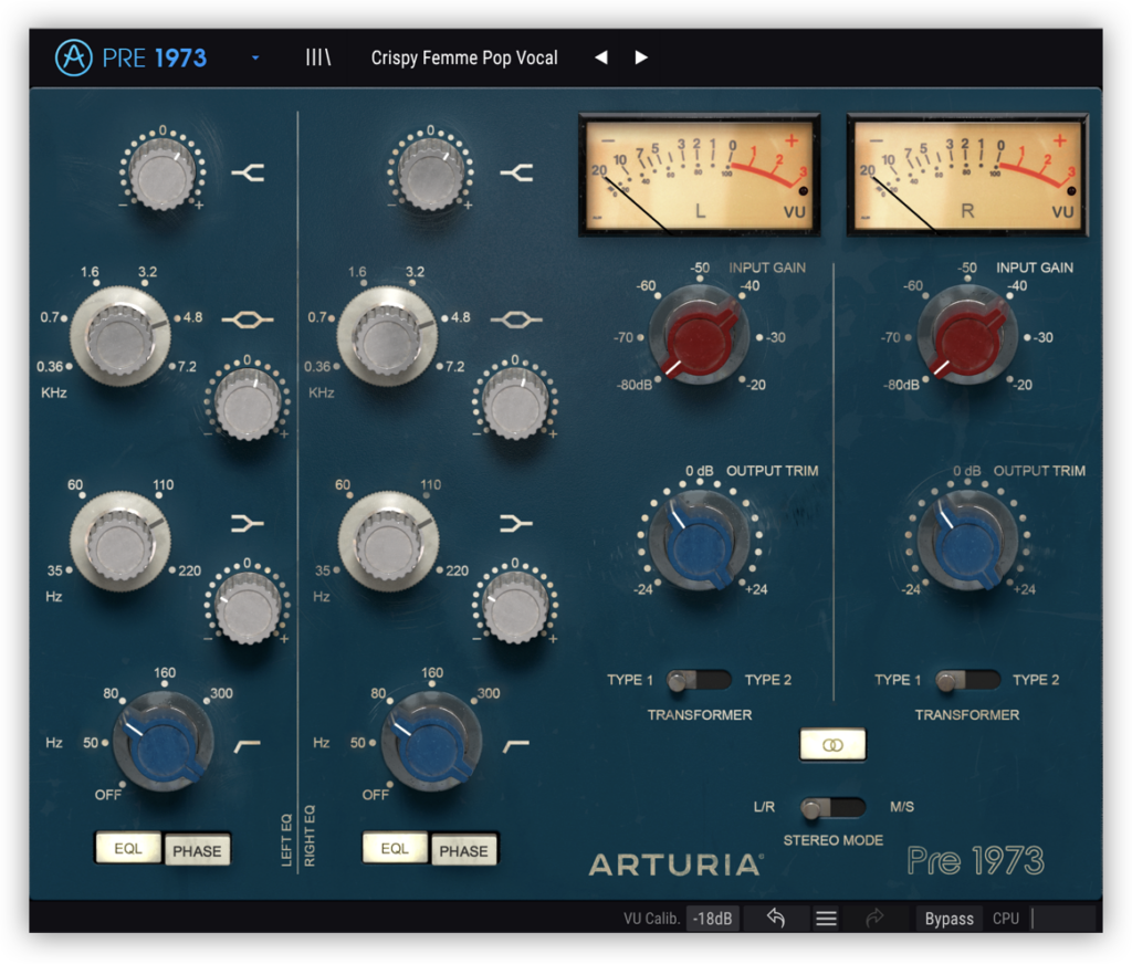 The vocal chain parameters for the 1973-Pre in Arturia's FX Collection