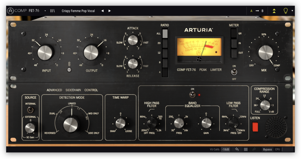 The parameters for the FET-76 in Arturia's FX Collection