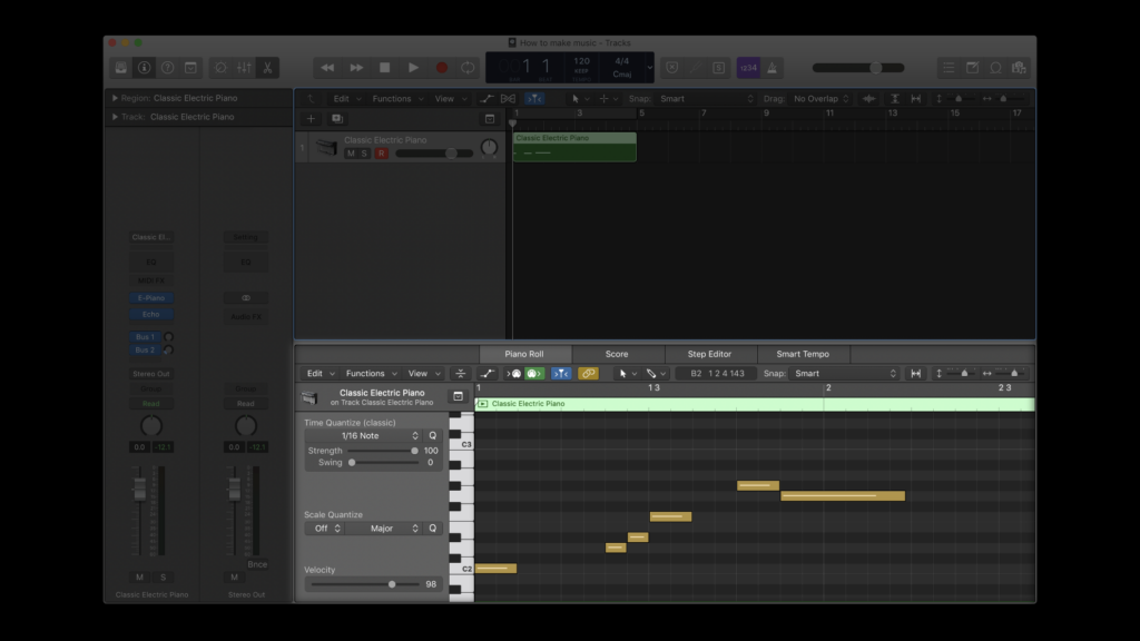 The piano roll in Logic Pro X (from "How to make music" on the Splice blog)
