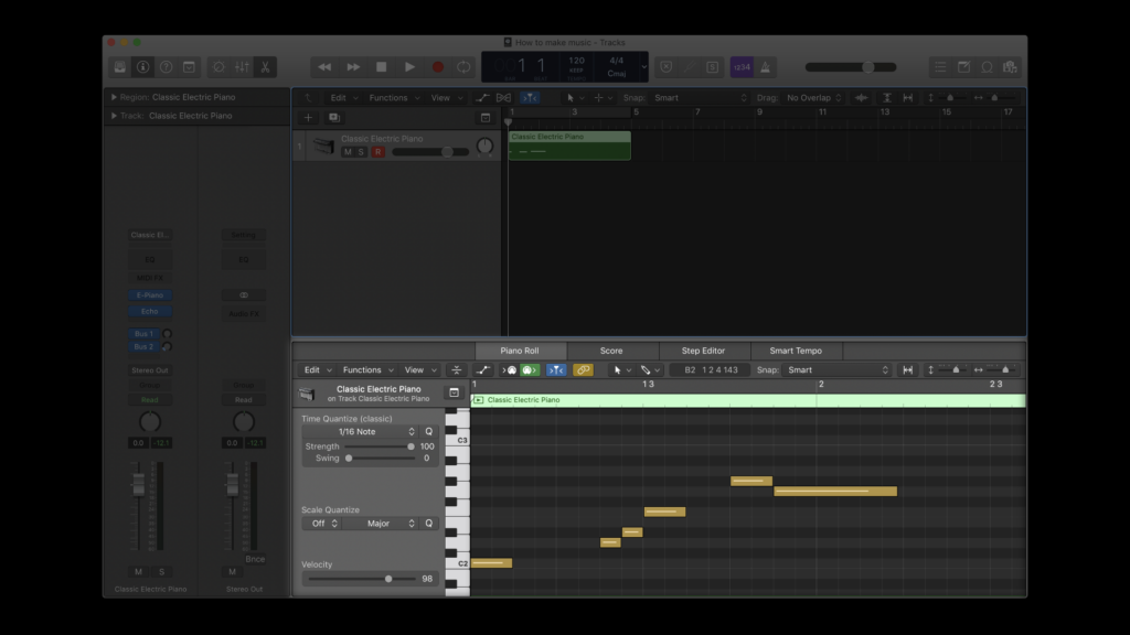 Le piano roll dans Logic Pro X (extrait de "Comment faire de la musique" sur le blog Splice)