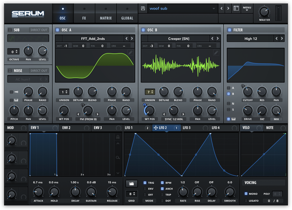 The UI for Xfer Records' Serum synthesizer