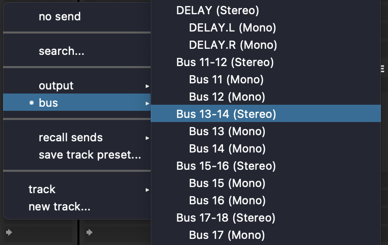 The menu for selecting a mix bus in Pro Tools.
