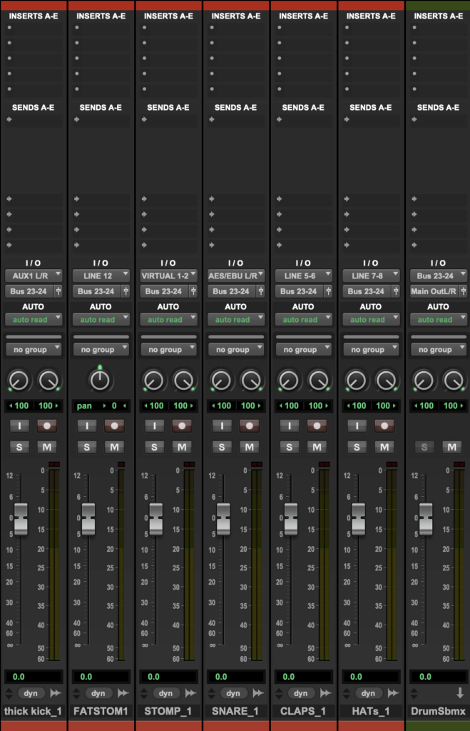 Multiple channel strips in Pro Tools.
