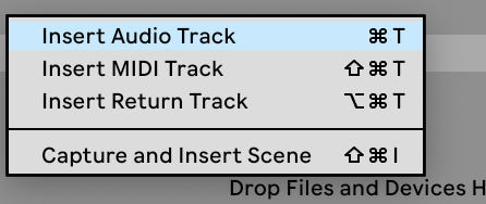 The menu in Ableton Live including the "Insert Audio Track” option.