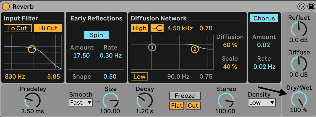The dry / wet knob of a reverb module in Ableton Live.