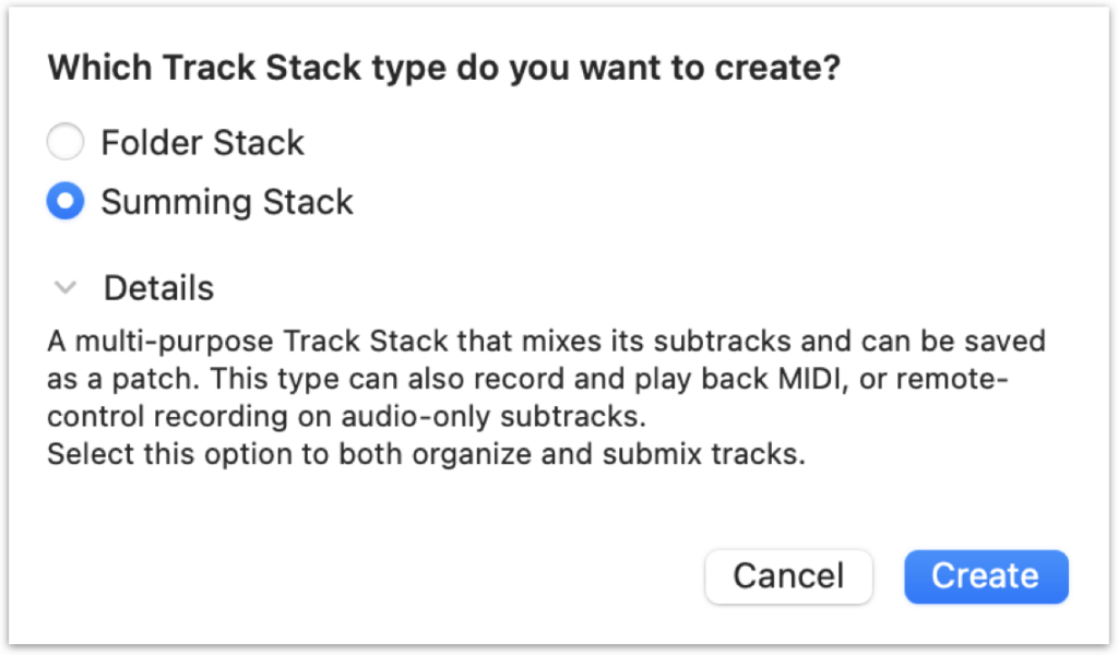 The "Which Track Stack type do you want to create?" menu in Logic Pro.