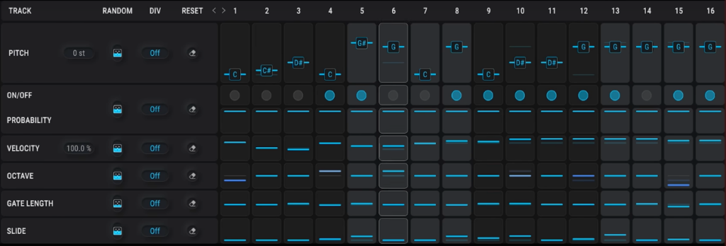 The on-board 16-step sequencer in Arturia Pigments 5.