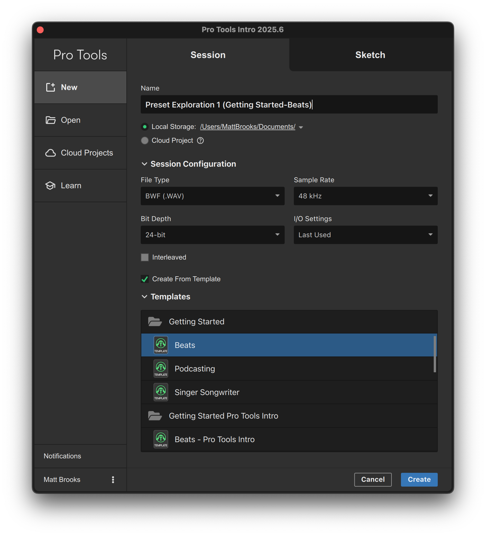 The templates options in Pro Tools' startup window.