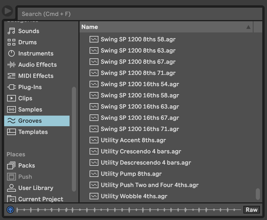 The stock groove options menu in Ableton Live