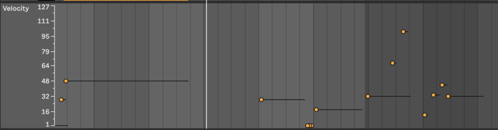 The velocity parameters displayed in the MIDI editing view in Ableton Live